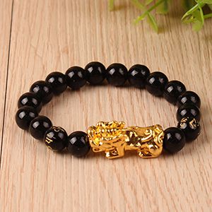Black Bead Gold Pixiu Bracelet - Image 2