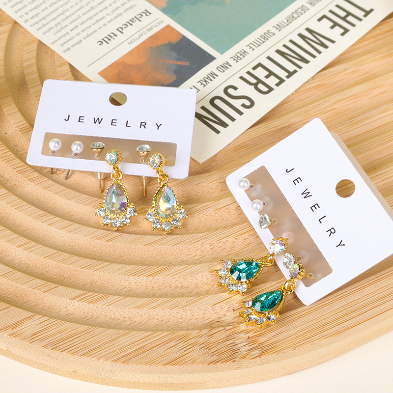Fashion colored diamond drops three pairs of earrings