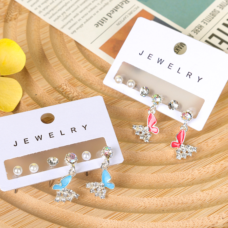 Simple dripping point drill butterfly three pairs of earrings