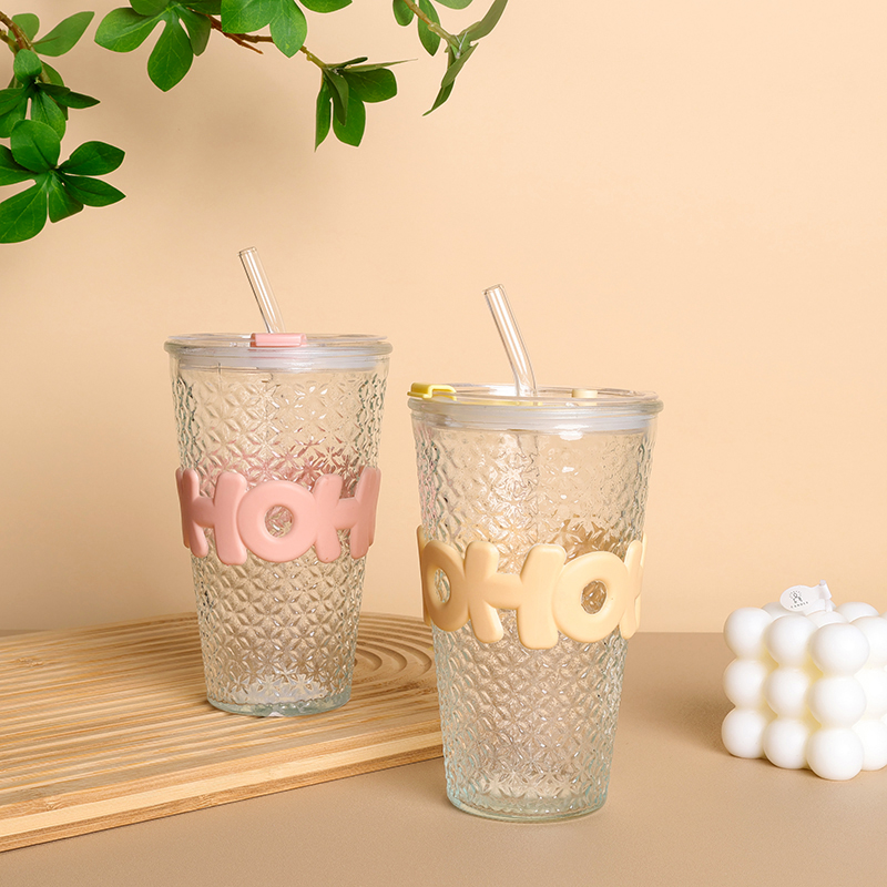 Letter drill flower glass (straw with lid, 480ml)
