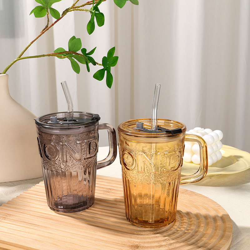 Transparent letter glass handle cup (straw with lid, 480ml)
